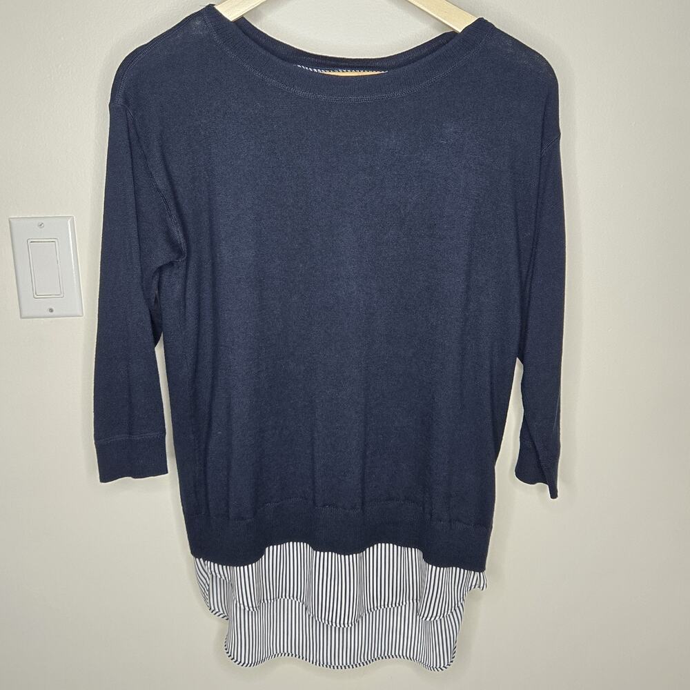 Market & Spruce Navy and White Long Sleeve Mixed Media Sweater Blouse Size M